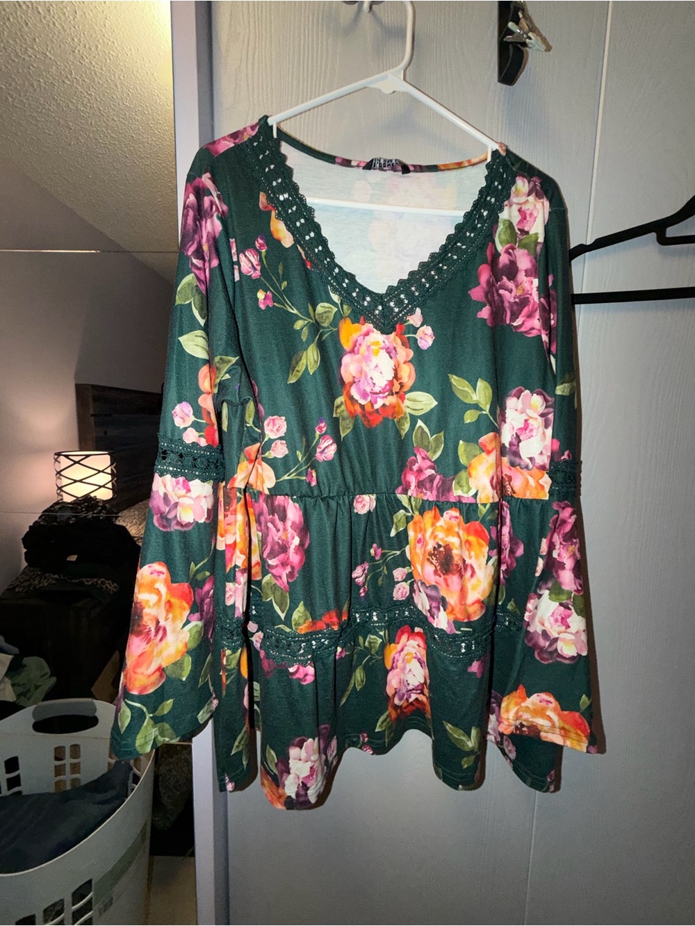 BloomChic Dark Green Floral Crochet-Trim Peplum Tunic